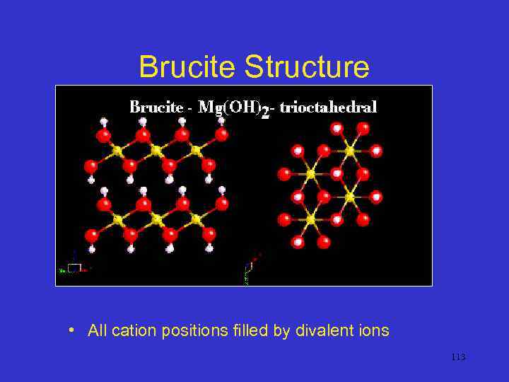 Brucite Structure • All cation positions filled by divalent ions 113 