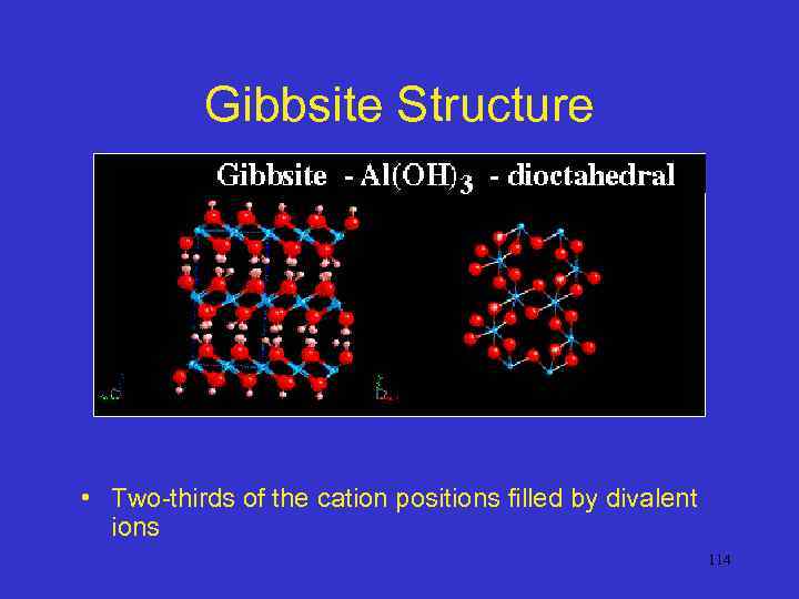 Gibbsite Structure • Two-thirds of the cation positions filled by divalent ions 114 