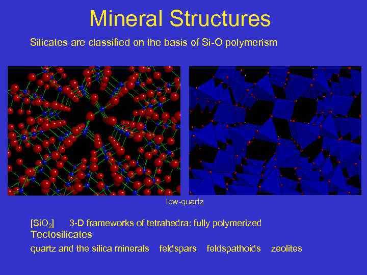 Mineral Structures Silicates are classified on the basis of Si-O polymerism low-quartz [Si. O