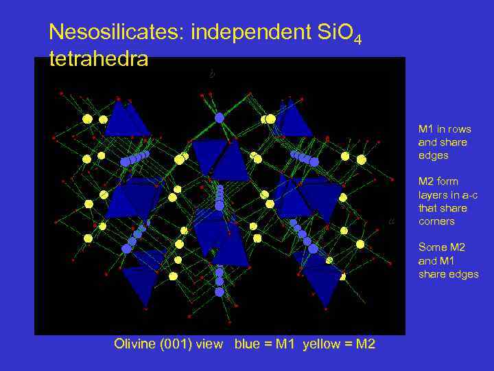 Nesosilicates: independent Si. O 4 tetrahedra b M 1 in rows and share edges