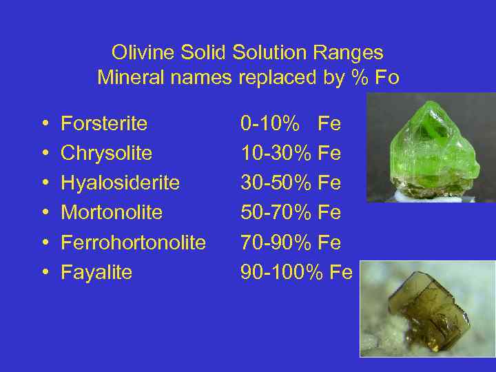 Olivine Solid Solution Ranges Mineral names replaced by % Fo • • • Forsterite