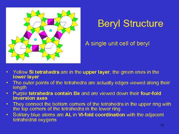 Beryl Structure A single unit cell of beryl • Yellow Si tetrahedra are in
