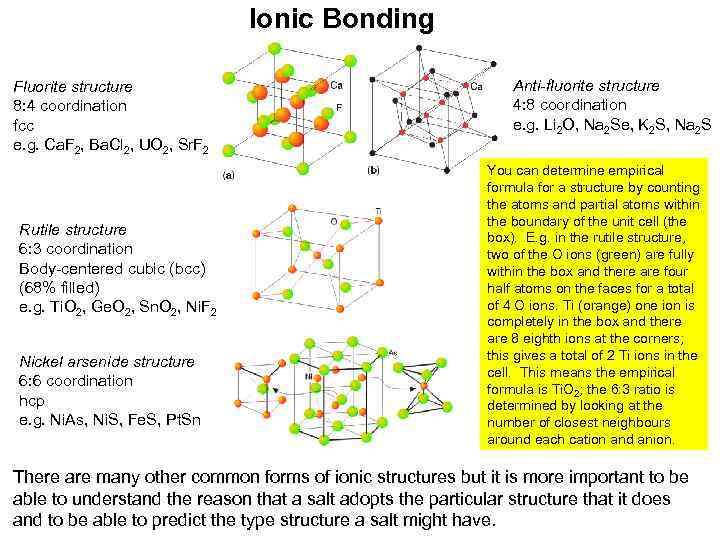 Ionic Bonding Fluorite structure 8: 4 coordination fcc e. g. Ca. F 2, Ba.