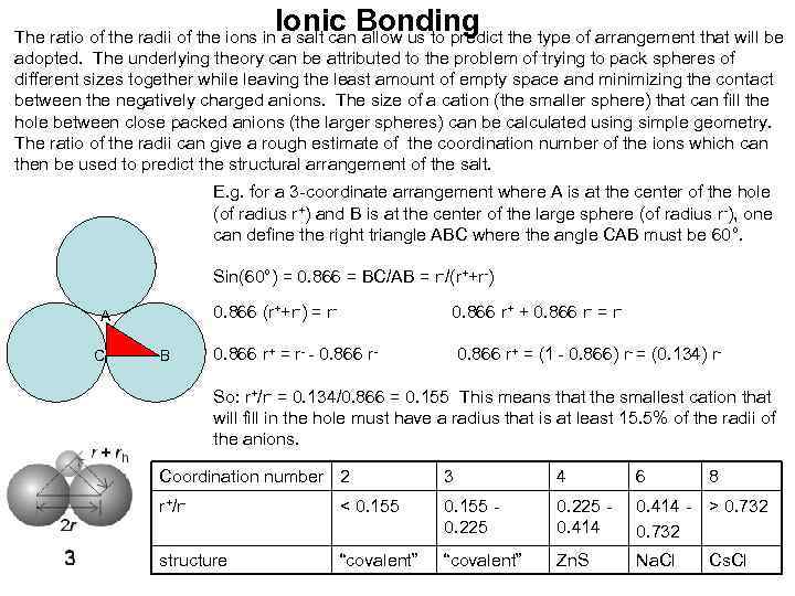 Ionic Bonding The ratio of the radii of the ions in a salt can