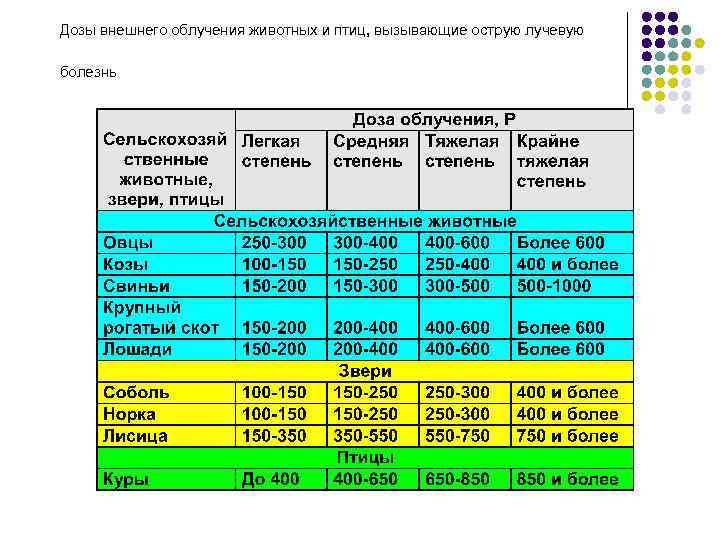 Дозы внешнего облучения животных и птиц, вызывающие острую лучевую болезнь 