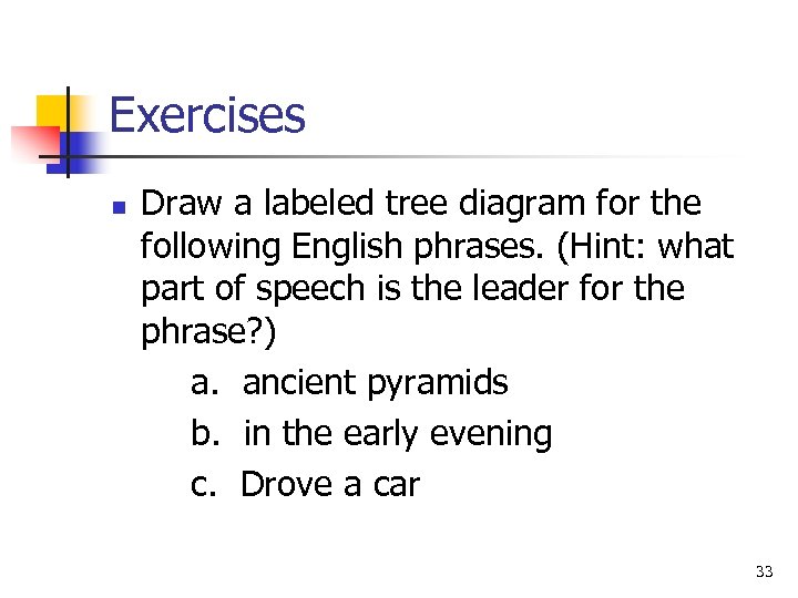 Exercises n Draw a labeled tree diagram for the following English phrases. (Hint: what