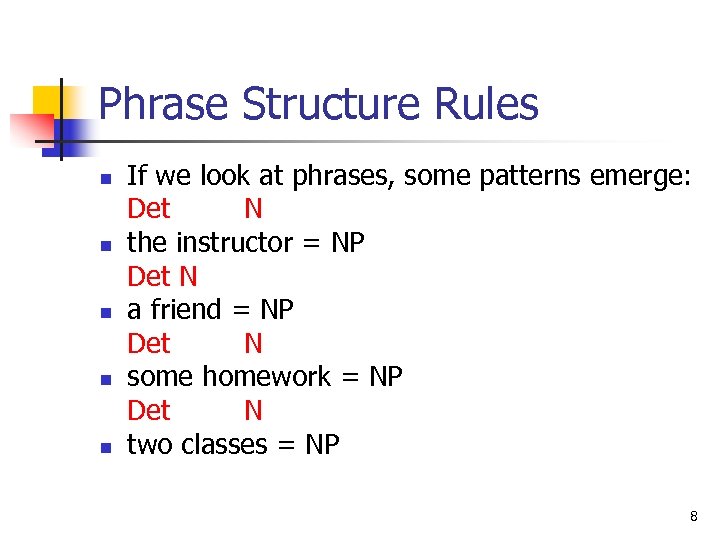 Phrase Structure Rules n n n If we look at phrases, some patterns emerge: