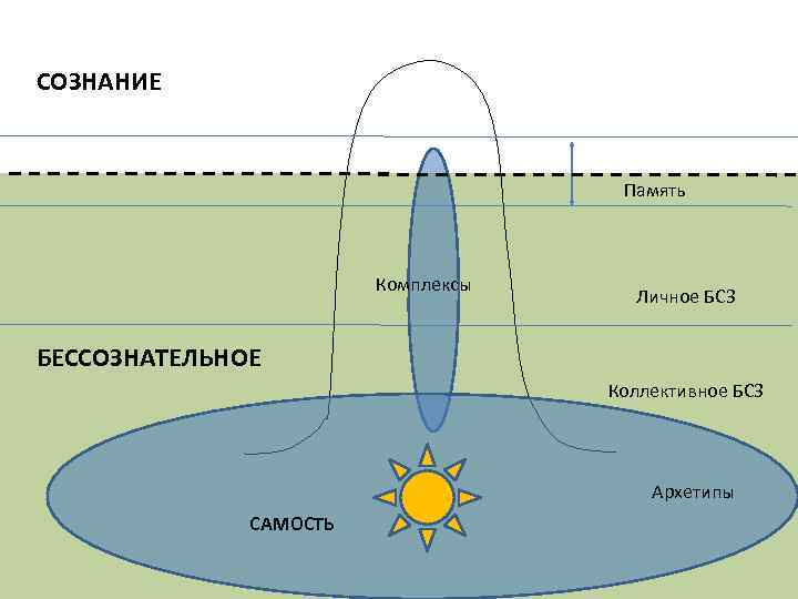 СОЗНАНИЕ Память Комплексы Личное БСЗ БЕССОЗНАТЕЛЬНОЕ Коллективное БСЗ Архетипы САМОСТЬ 