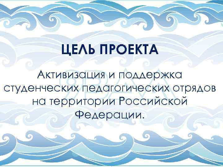 ЦЕЛЬ ПРОЕКТА Активизация и поддержка студенческих педагогических отрядов на территории Российской Федерации. 