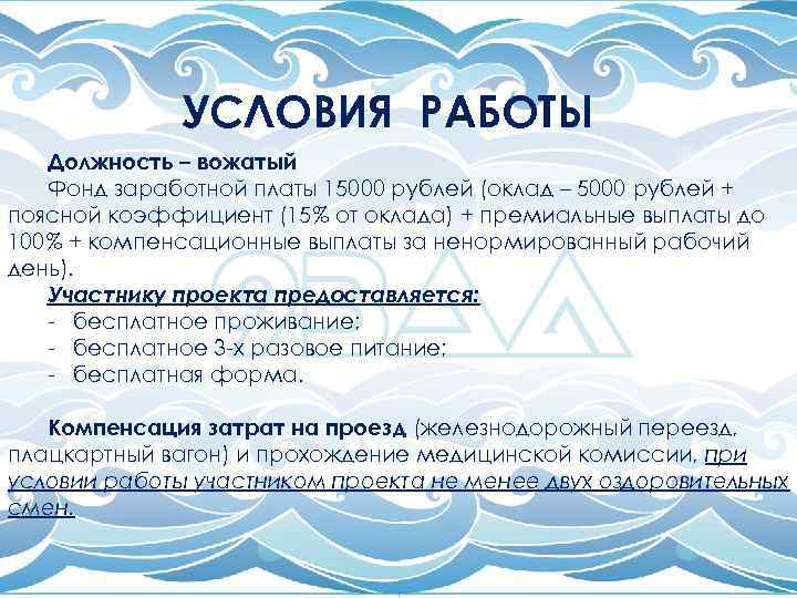 УСЛОВИЯ РАБОТЫ Должность – вожатый Фонд заработной платы 15000 рублей (оклад – 5000 рублей