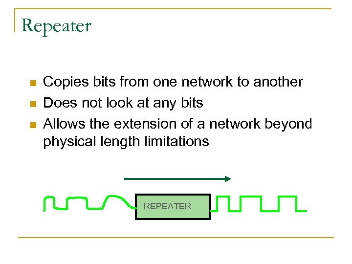 Repeater n n n Copies bits from one network to another Does not look