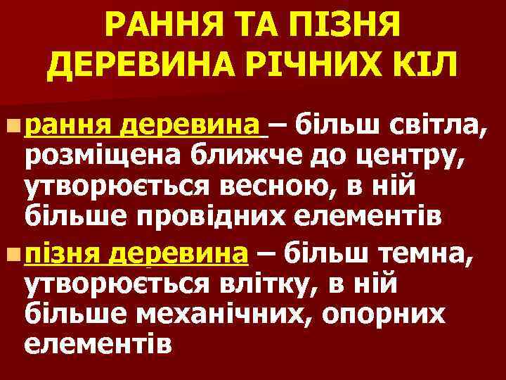 РАННЯ ТА ПІЗНЯ ДЕРЕВИНА РІЧНИХ КІЛ n рання деревина – більш світла, розміщена ближче
