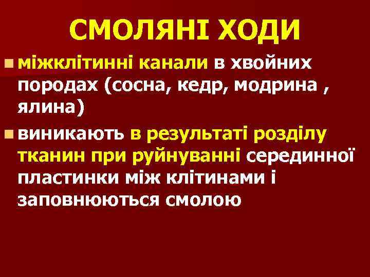 СМОЛЯНІ ХОДИ n міжклітинні канали в хвойних породах (сосна, кедр, модрина , ялина) n