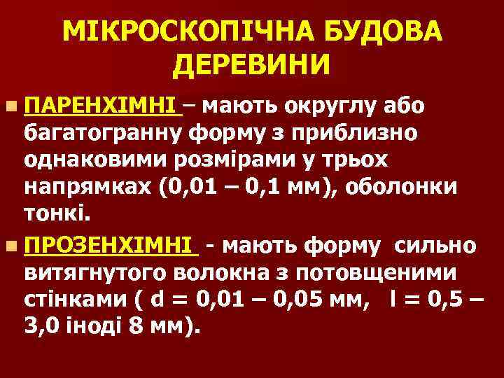 МІКРОСКОПІЧНА БУДОВА ДЕРЕВИНИ n ПАРЕНХІМНІ – мають округлу або багатогранну форму з приблизно однаковими