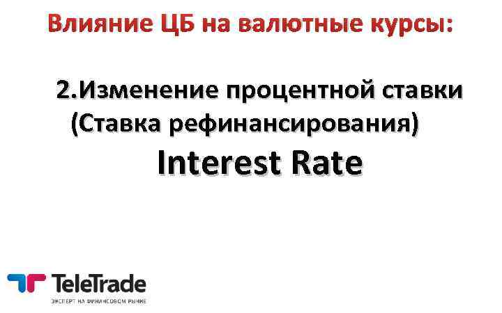 Влияние ЦБ на валютные курсы: 2. Изменение процентной ставки (Ставка рефинансирования) Interest Rate 