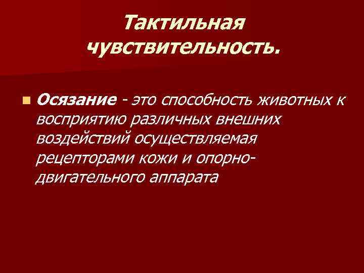 Тактильная чувствительность. n Осязание - это способность животных к восприятию различных внешних воздействий осуществляемая