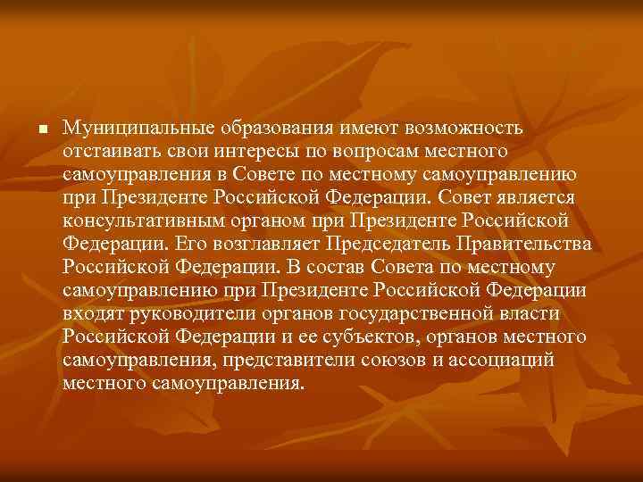 n Муниципальные образования имеют возможность отстаивать свои интересы по вопросам местного самоуправления в Совете