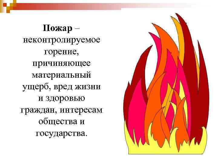 Пожар – неконтролируемое горение, причиняющее материальный ущерб, вред жизни и здоровью граждан, интересам общества