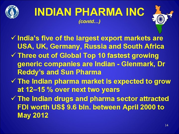 INDIAN PHARMA INC (contd…) ü India’s five of the largest export markets are USA,