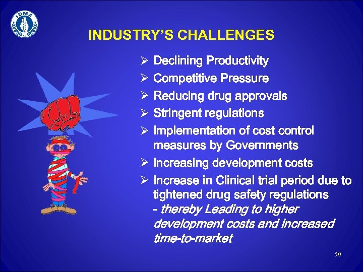 INDUSTRY’S CHALLENGES Declining Productivity Competitive Pressure Reducing drug approvals Stringent regulations Implementation of cost