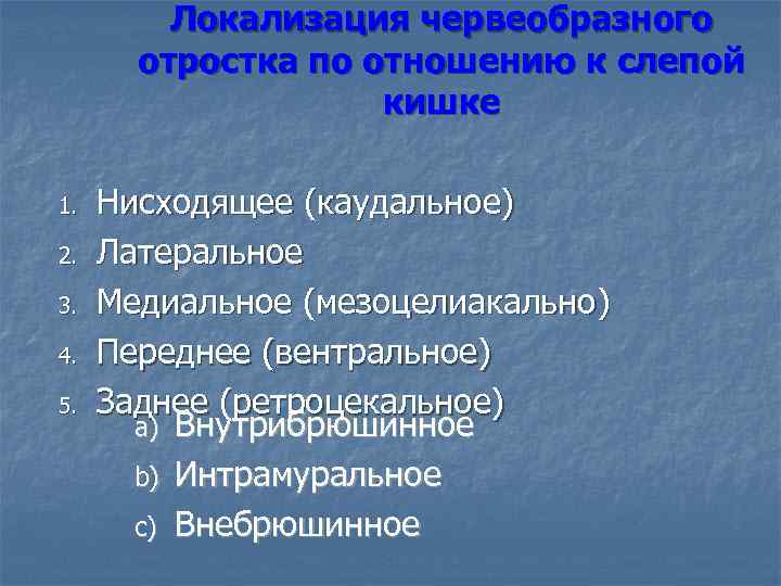 Локализация червеобразного отростка по отношению к слепой кишке 1. 2. 3. 4. 5. Нисходящее