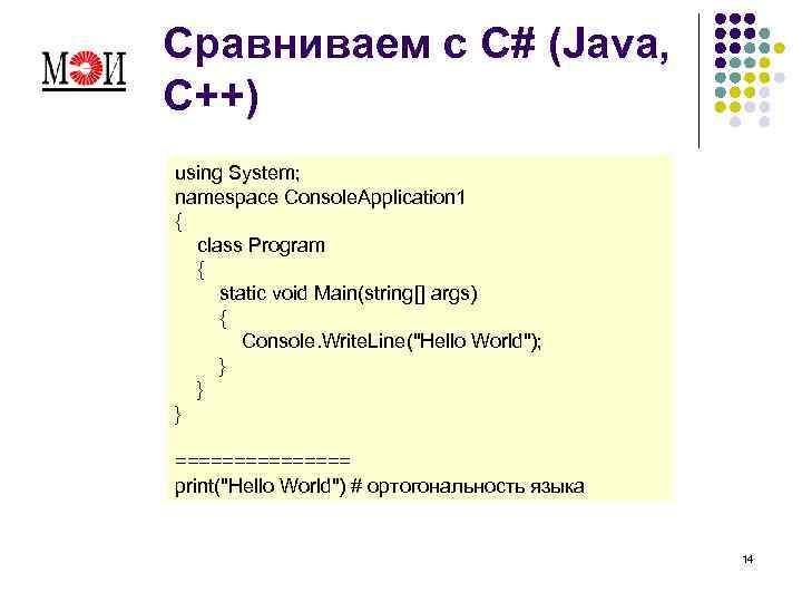 Сравниваем с C# (Java, C++) using System; namespace Console. Application 1 { class Program