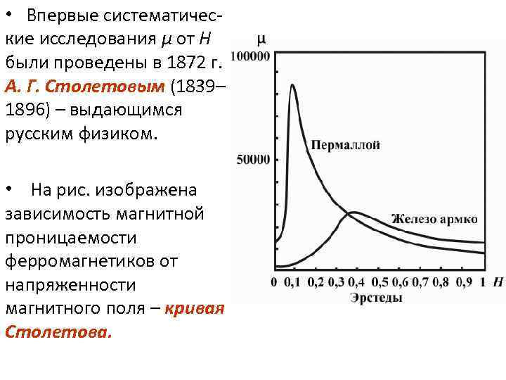  • Впервые систематические исследования μ от Н были проведены в 1872 г. А.