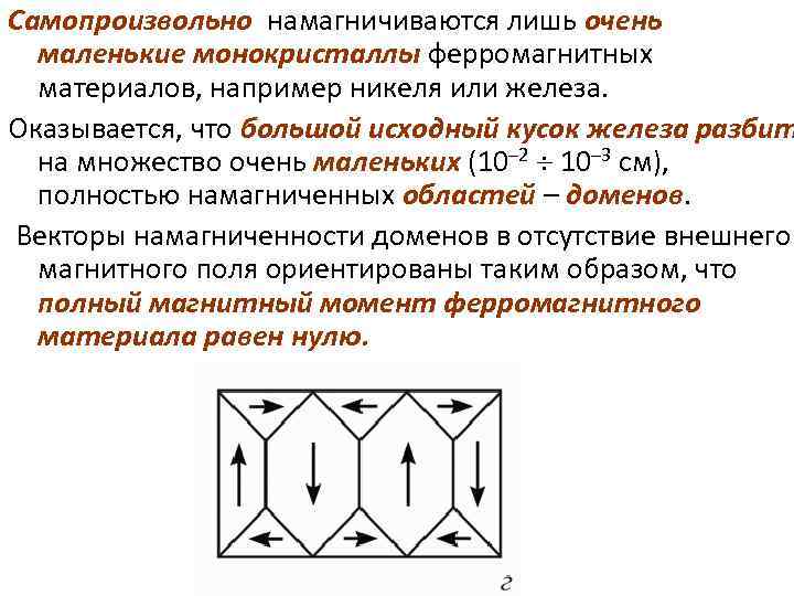 Самопроизвольно намагничиваются лишь очень маленькие монокристаллы ферромагнитных материалов, например никеля или железа. Оказывается, что