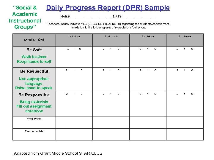 “Social & Academic Instructional Groups” Daily Progress Report (DPR) Sample NAME: ___________ DATE: _________
