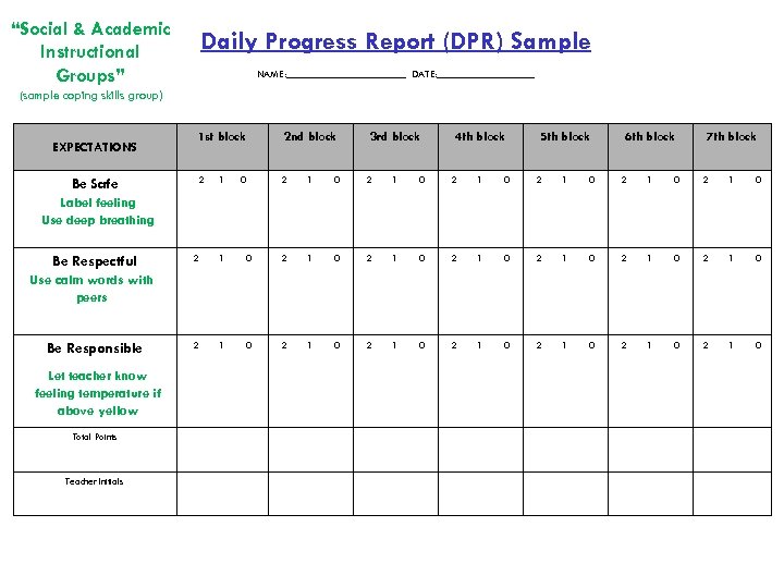 “Social & Academic Instructional Groups” Daily Progress Report (DPR) Sample NAME: ___________ DATE: _________