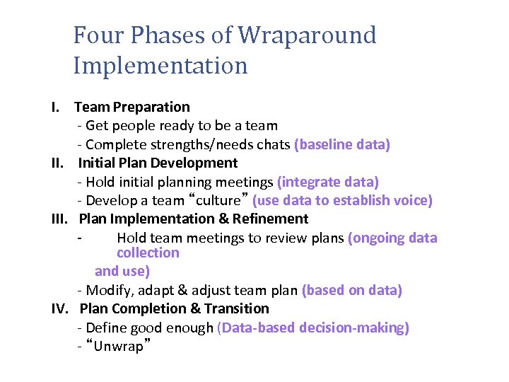 Four Phases of Wraparound Implementation I. Team Preparation - Get people ready to be