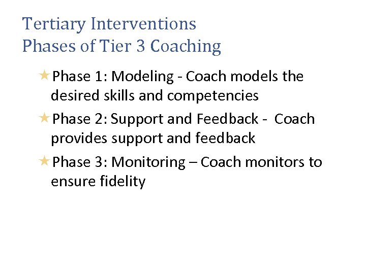 Tertiary Interventions Phases of Tier 3 Coaching Phase 1: Modeling - Coach models the
