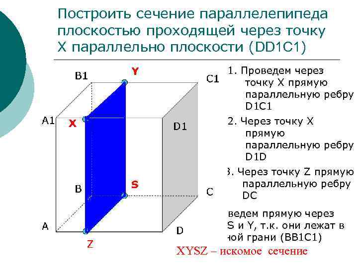 Построить сечение параллелепипеда плоскостью проходящей через точку Х параллельно плоскости (DD 1 C 1)