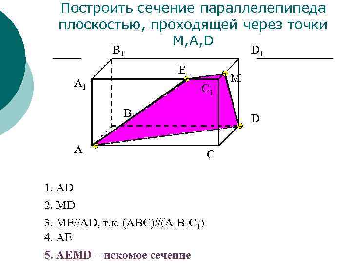 Построить сечение параллелепипеда плоскостью, проходящей через точки M, A, D В 1 D 1