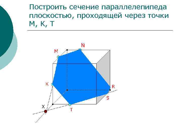 Построить сечение параллелепипеда плоскостью, проходящей через точки М, К, Т N М К R