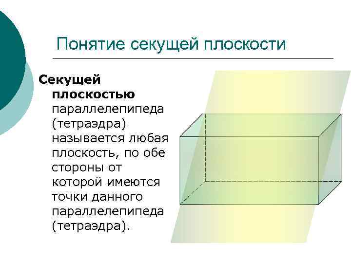 Понятие секущей плоскости Секущей плоскостью параллелепипеда (тетраэдра) называется любая плоскость, по обе стороны от