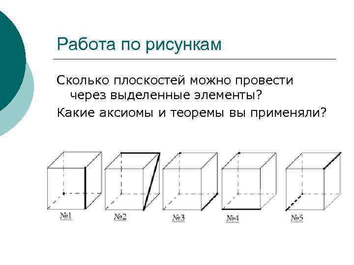 Работа по рисункам Сколько плоскостей можно провести через выделенные элементы? Какие аксиомы и теоремы