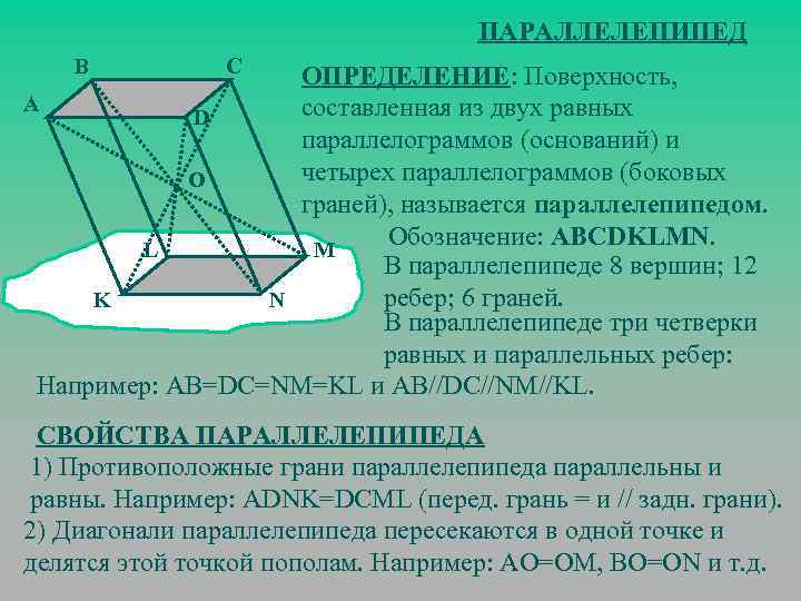 Параллелепипеда равна см составляет. Определение параллелепипеда и его элементы. Параллелепипед теория. Параллелепипед определение и свойства. Параллелепипед в основании параллелограмм.