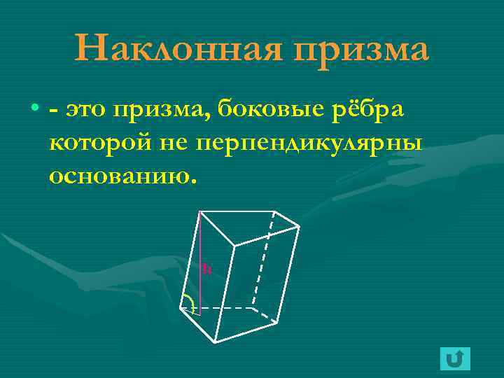 Наклонная призма • - это призма, боковые рёбра которой не перпендикулярны основанию. h 