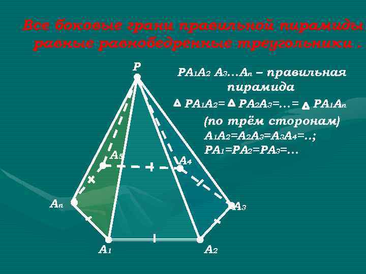 Все боковые грани правильной пирамиды равные равнобедренные треугольники. P A 5 PA 1 A