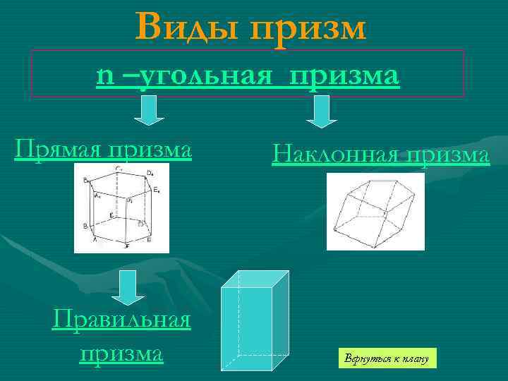 Виды призм n –угольная призма Прямая призма Правильная призма Наклонная призма Вернуться к плану