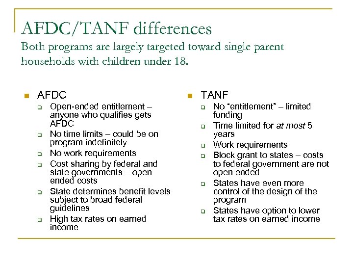 AFDC/TANF differences Both programs are largely targeted toward single parent households with children under