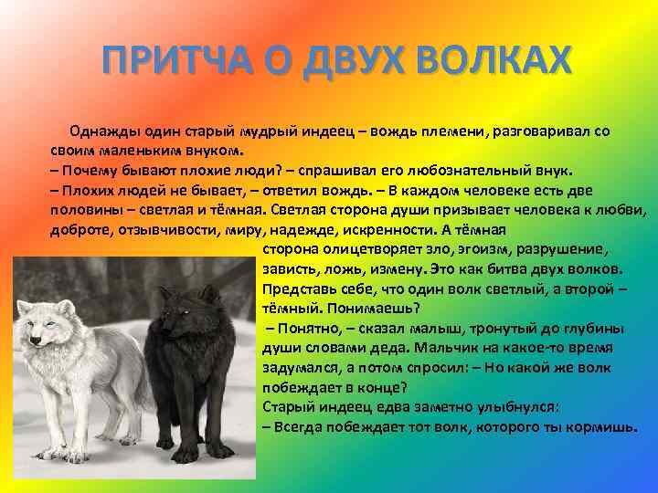 ПРИТЧА О ДВУХ ВОЛКАХ Однажды один старый мудрый индеец – вождь племени, разговаривал со