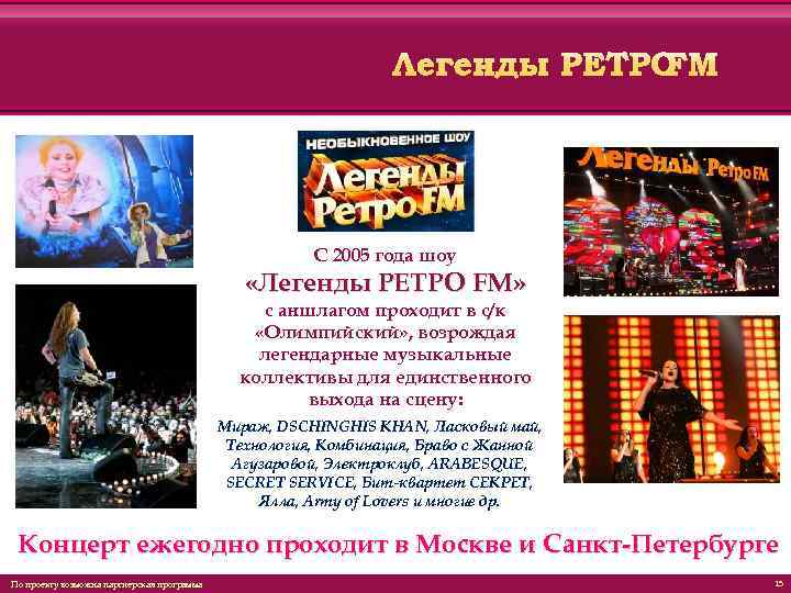 С 2005 года шоу «Легенды РЕТРО FM» с аншлагом проходит в с/к «Олимпийский» ,