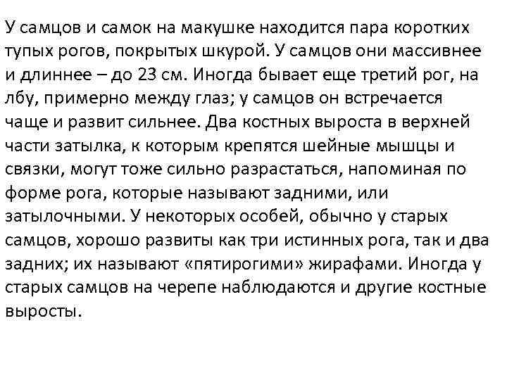 У самцов и самок на макушке находится пара коротких тупых рогов, покрытых шкурой. У