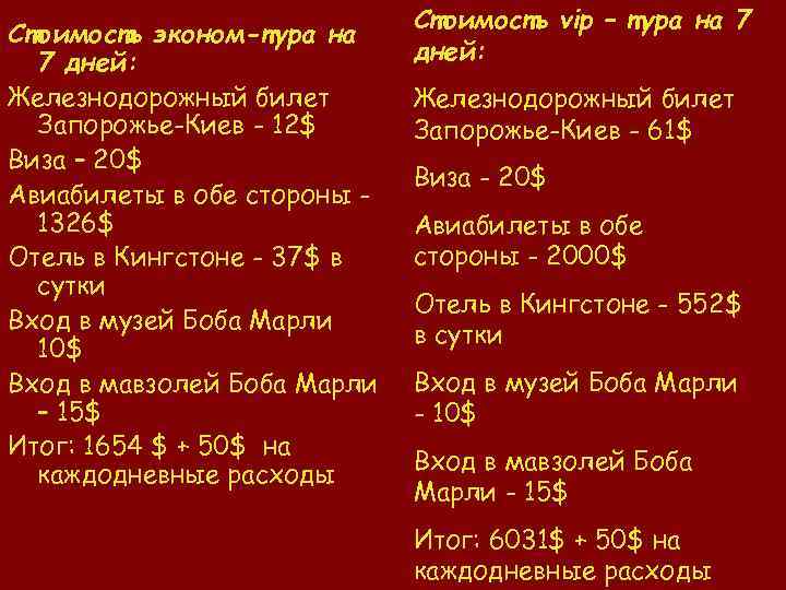 Стоимость эконом-тура на 7 дней: Железнодорожный билет Запорожье-Киев - 12$ Виза – 20$ Авиабилеты
