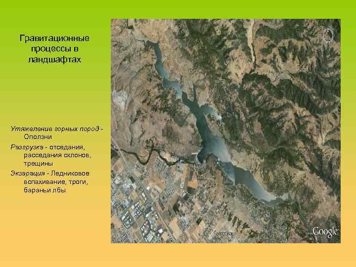 Гравитационные процессы в ландшафтах Утяжеление горных пород Оползни Разгрузка - отседания, расседания склонов, трещины