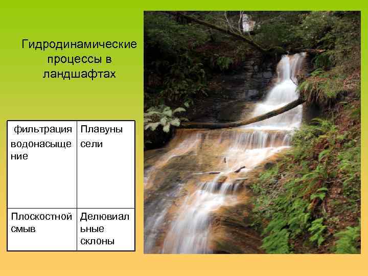 Гидродинамические процессы в ландшафтах фильтрация Плавуны водонасыще сели ние Плоскостной Делювиал смыв ьные склоны