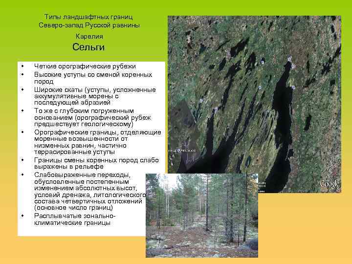 Типы ландшафтных границ Северо-запад Русской равнины Карелия Сельги • • Четкие орографические рубежи Высокие