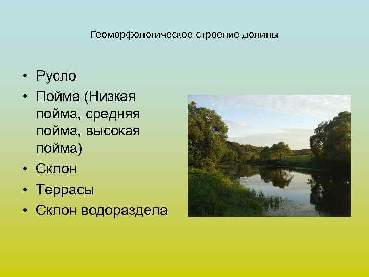 Геоморфологическое строение долины • Русло • Пойма (Низкая пойма, средняя пойма, высокая пойма) •